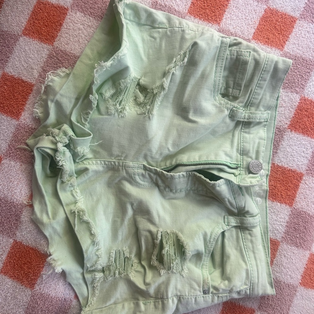 Refuge Green Distressed Jean Shorts